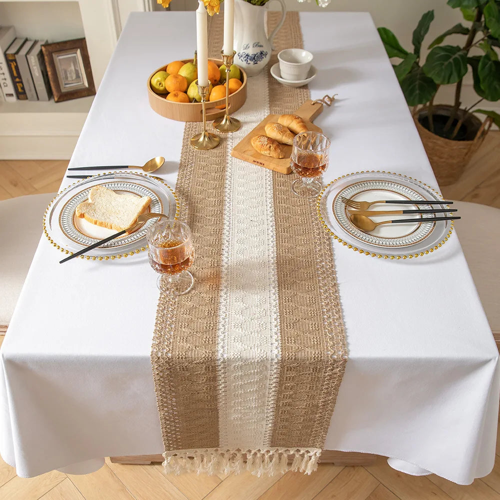 Boho Table Runner for Home Decor Macrame Beige & Khaki Farmhouse Table Runner with Tassels for Bohemian Dining Bedroom Decor