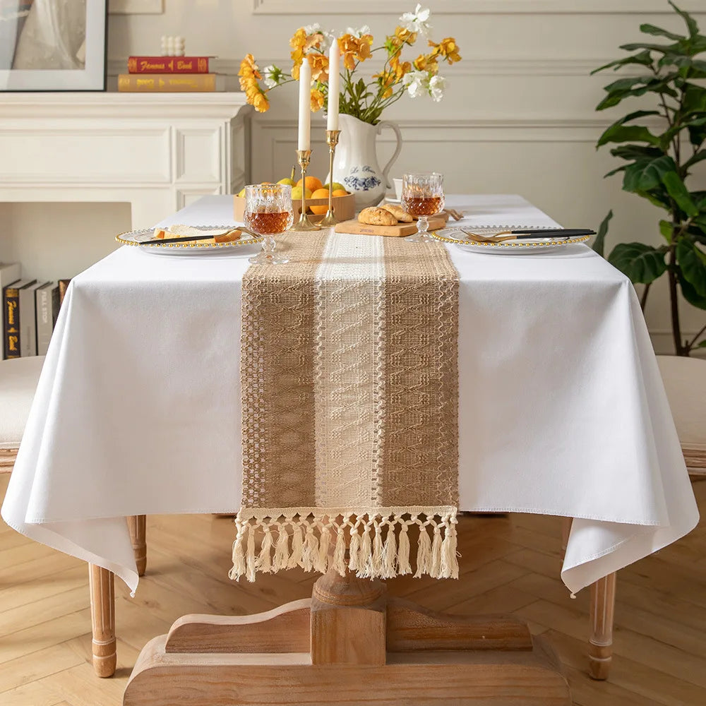 Boho Table Runner for Home Decor Macrame Beige & Khaki Farmhouse Table Runner with Tassels for Bohemian Dining Bedroom Decor